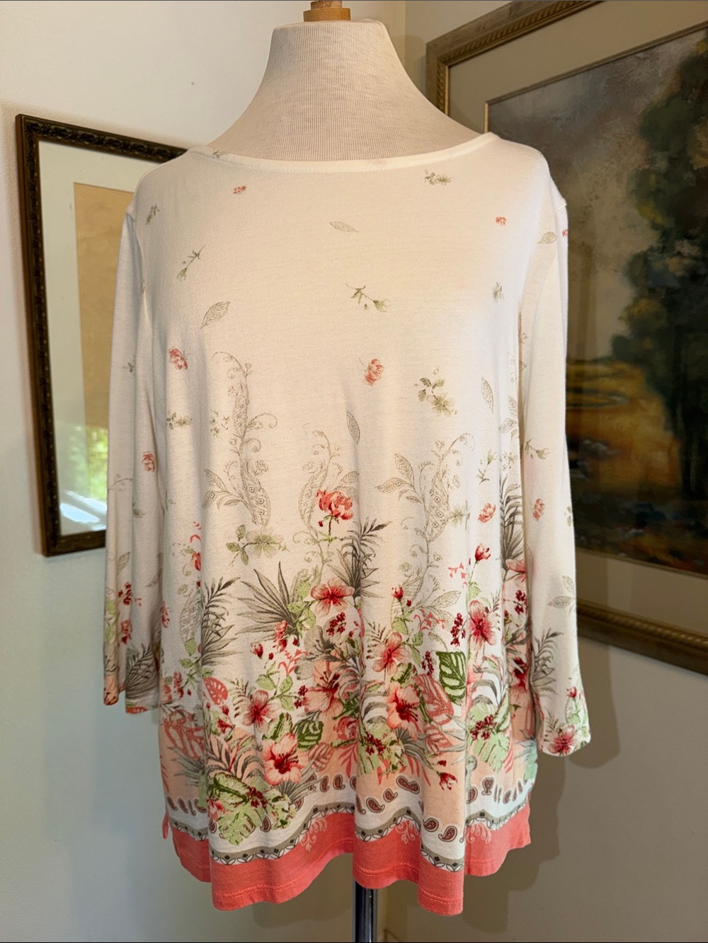 Chico’s Coral Border Floral Top Size 2= Large
